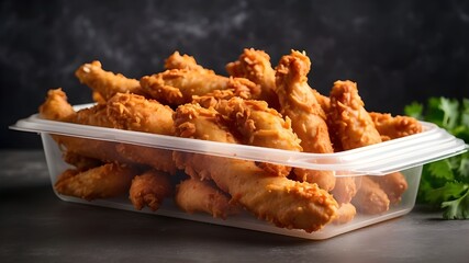 Wall Mural - fresh hot chicken tenders or wings in takeaway container, hot ready to serve and eat banner