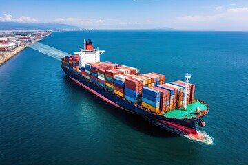 Aerial View of Container Cargo Ship Sailing in Deep Sea on a Clear Day, Drone View