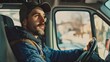 © Dara - A dynamic shot of a confident young delivery expert sitting in the driver's seat of a van, adjusting the rearview mirror before hitting the road.