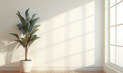 Wall Mural - Empty White Room with Wooden Floor and Single Potted Plant, Sunlight from Window on White Wall Background