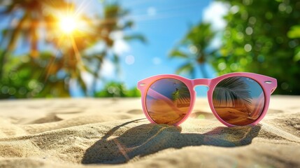 Wall Mural -  A pair of pink sunglasses sits on a sandy beach Palm trees line the background, and a sunburst fills the middle of the foreground