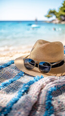 Canvas Print - Relaxing Summer Vibes Sunglasses and Straw Hat Resting on Colorful Beach Towel by the Sea