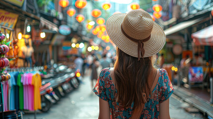 Poster - Serene Woman with Stylish Hat Immersing in the Vibrant Atmosphere of an Asian Street Market, with Copyspace for Text