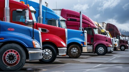 Wall Mural - A close-up of the side profiles of various big rigs semi trucks parked at a truck stop, their trailers loaded and ready to continue their journeys as the day begins. 