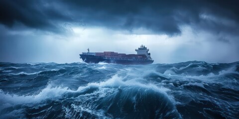 Wall Mural - A dramatic photo of a container cargo freight ship braving stormy seas, emphasizing the resilience and strength of maritime transportation. 