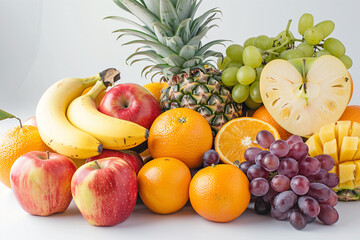 Wall Mural - A pile of fresh fruits including apples, oranges, bananas, grapes and pineapples are arranged on a white background. Healthy diet concept. Commercial photo