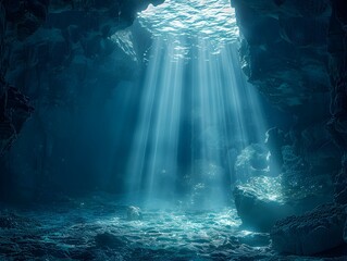 Canvas Print - Mystical Underwater Cave Illuminated by Beams of Light in the Ocean Depths