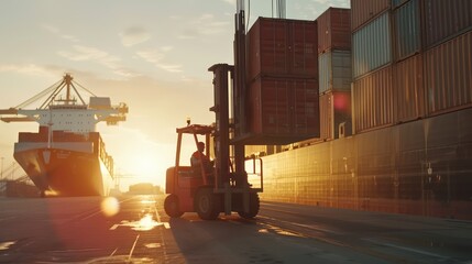 Wall Mural - A dynamic shot of a forklift lifting a container box against the backdrop of a cargo ship, illustrating the scale of freight transportation in a logistic zone. 