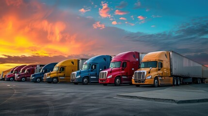 Wall Mural - A dynamic shot of semi-trucks of different makes lined up in a truck stop parking lot at sunrise, illustrating the diversity of vehicles in the transportation industry. 