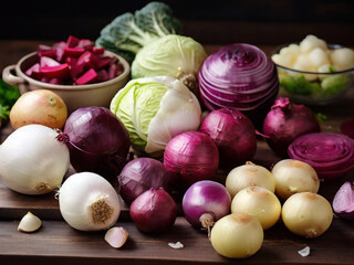Wall Mural - cabbage, beets, onions, garlic, potatoes on the table before cooking