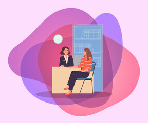 Wall Mural - Female bank manager consulting client. Consultant and customer discussing deposits or loan terms flat vector illustration. Finance, credit, business concept for banner, website design or landing web p