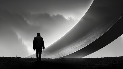 Wall Mural - Person stands before large object, sky's backdrop of clouded clouds, foreground figure