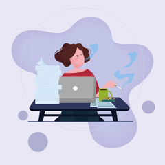 Wall Mural - Female writer or journalist smoking and using laptop. Addicted woman, steam, paper flat vector illustration. Newsmaking, literature, unhealthy habit concept for banner, web design or landing page