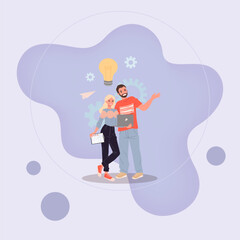 Wall Mural - Happy startup team brainstorming. Young man and woman with laptop, bulb, gears working together flat vector illustration. Teamwork, creativity concept for banner, website design or landing web page