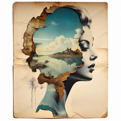 Wall Mural - double exposure complex art  surreal postcard on a cracked paper, extremely dynamic, unusual , vintage