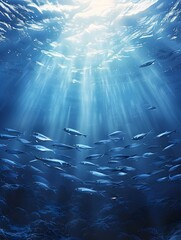 Wall Mural - Mesmerizing Ocean Depths Illuminated by Shimmering Sunbeams Revealing a Serene School of Fish