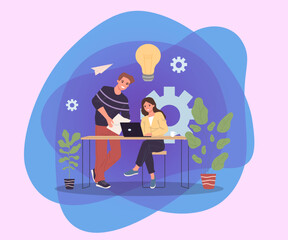Wall Mural - Young man and woman working on laptop together. Happy startup team brainstorming vector illustration. Lightbulb, gears on background. Teamwork, creativity concept for banner, web design, landing page