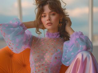 Wall Mural - A young woman in a sheer polka dot top and satin skirt poses on an orange couch. The setting sun casts a warm glow through the window behind her. Beauty fashion photography.