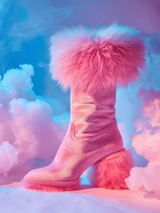 Wall Mural - A pink platform boot with fur trim against a dreamy pastel background. The boot is surrounded by pink clouds, creating a surreal and whimsical atmosphere.