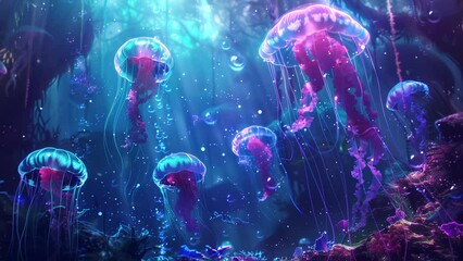Wall Mural - underwater illustration with ocean scene with neon jellyfish drifting. seamless looping overlay 4k v