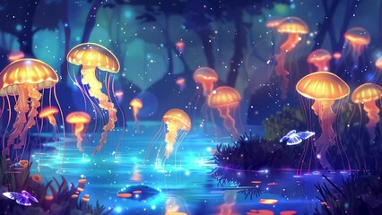 Wall Mural - a serene ocean scene with neon jellyfish drifting. seamless looping overlay 4k virtual video animati