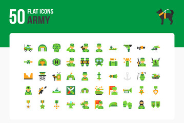 Wall Mural - Set of 50 Army icons related to Soldier, Military helmet, Uniform, camouflage Flat Icon collection