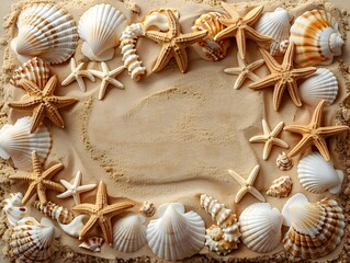 Wall Mural - Enchanting Coastal Frame Adorned with Seashells and Sand Inviting Visitors to Escape to a Tranquil Seaside Paradise