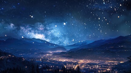 Wall Mural - A stunning view of a city at night, illuminated by both its lights and the countless stars in the clear sky above