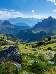 Poster - Majestic Mountain Landscape with Lush Green Meadows and Towering Peaks Under a Brilliant Blue Sky Perfect for Outdoor Adventure and Nature