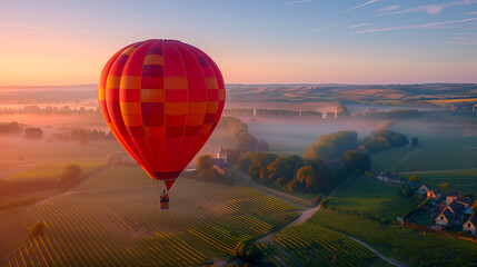 Sticker - A hot air balloon soaring over a picturesque vineyard at dawn,