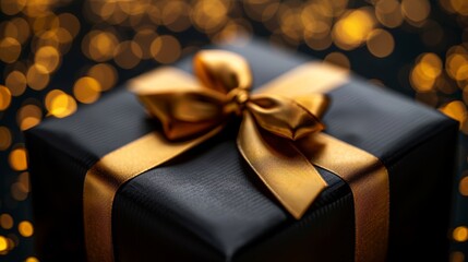  A black gift box, adorned with a golden bow, sits against a black backdrop In one corner, gold strings of fairy lights illuminate, casting a warm glow The