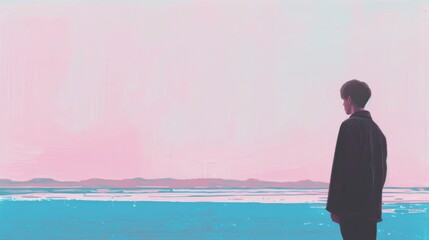 A person stands gazing at a serene pink and blue horizon, creating a calm and introspective scene.

