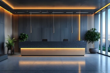 Poster - Modern and Welcoming Office Lobby with Sleek Furniture and Inviting Reception Desk Highlighting the Refined Corporate and Business Work Environment