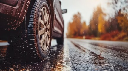 Sticker -  A damp road houses a stationary car on its edge; trees line the opposite side in the background Rain cascades both on the ground and the foreground