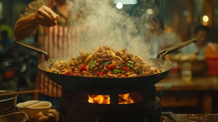 Wall Mural -  A wok brimming with food sits atop a wooden table, while a frying pan overflowing with food rests on the stove