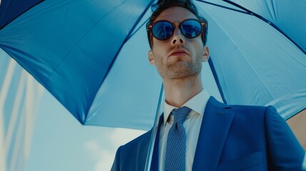  A man in a suit, sunglasses, and serious expression holds a blue umbrella before a blue sky as he faces the camera