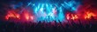 © Vilaysack - Energetic concert crowd with raised hands enjoying live music under vibrant blue and red stage lights in a packed venue.