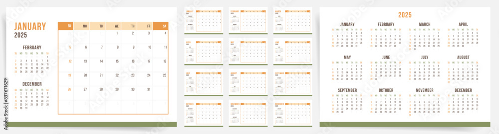 2025 Calendar template design. Week starts on Sunday office calendar ...