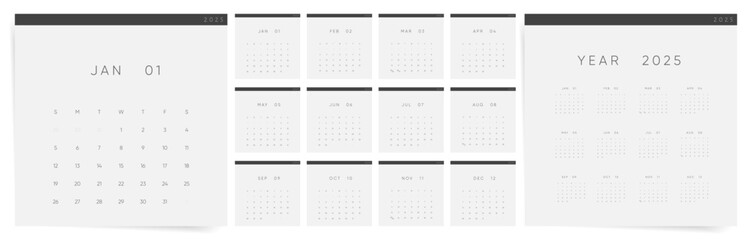 Wall Mural - Calendar 2025. Square Calendar Template 2025. Set of ready to print monthly clean A4 designs. Elegant minimal modern 2025 calendar.	