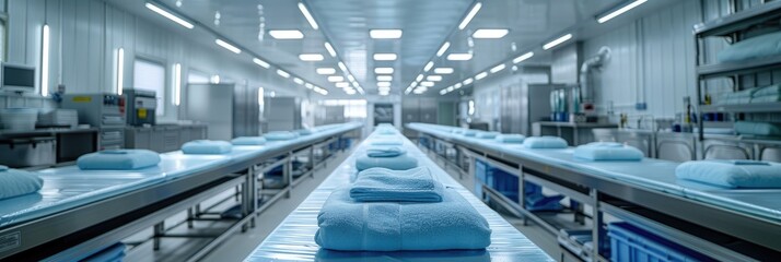 Industrial laundry facility with rows of clean, folded towels on automated conveyor belts under bright lights in modern, sterile environment.