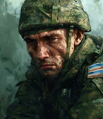 Poster - Portrait of a soldier wearing a green and brown camouflage helmet and uniform with a flag patch on his shoulder