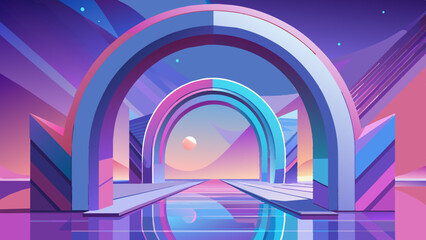 Wall Mural - Futuristic Neon Archway with Reflective Water Surface at Dusk