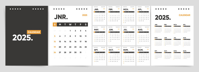 2025 Calendar Template Design. Week Starts on Sunday Office Calendar. Desktop Calendar in simple clean style. Corporate or Business Calendar. Clean Vertical Vector Calendar layout.	
