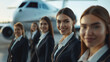 © Alex Alex - Smiling flight attendants in uniform stride confidently on the airport tarmac with an airplane in the background