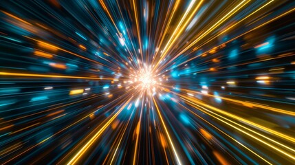 Wall Mural - vibrant blue atoll and yellow light streaks at warp speed converge into a bright central point in a 