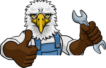 Wall Mural - An eagle cartoon animal mascot plumber, mechanic or handyman builder construction maintenance contractor peeking around a sign holding a spanner or wrench and giving a thumbs up