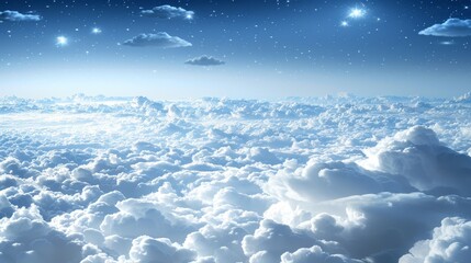 Wall Mural -  A bright blue sky dotted with white, fluffy clouds and speckled with stars