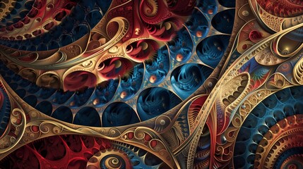 Poster - A close-up of an abstract wallpaper showcasing intricate, fractal patterns in deep, rich colors of red, blue, and gold, creating a mesmerizing and detailed design.