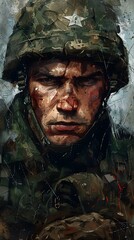 Poster - Portrait of a soldier wearing a helmet