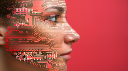 Wall Mural -  A close-up of a woman's face with a circuit board printed on one side